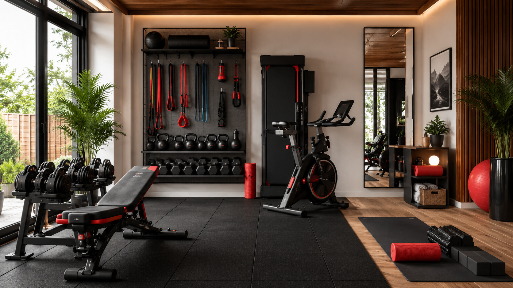 Modern home gym setup with fitness equipment and workout essentials